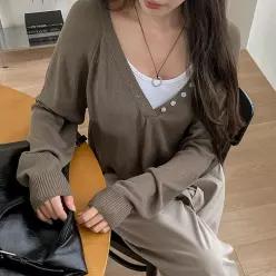 [여리핏보장/감성소장] 버튼 라인 시스루 루즈핏 니트