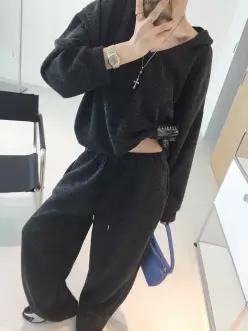 모던딥 브이넥 후드 긴팔 밴딩 와이드팬츠 가을 골지 니트지 투피스세트 (2color)