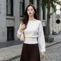 여리핏 보트넥 오프숄더 허리밴딩 니트