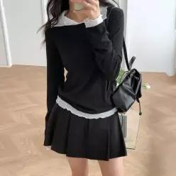 핫핑 [데이트룩][슬림쫀쫀] 메이븐 러플 매쉬카라 레이어드 긴팔티셔츠 (44~110)