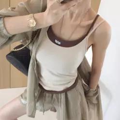 더블컬러 유넥 라벨띠 레이어드 배색 캡 슬리브리스 민소매 크롭탑 (4color)