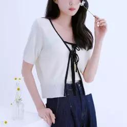 [로엠] [RE]배색 리본 반팔가디건(RMCKE23RT2) (RMCKE25RT1-O)