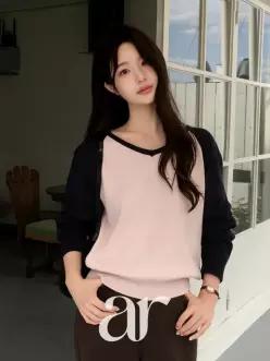 (국내제작) (배색포인트/트렌디아이템) 하코네 배색 나그랑 브이넥 가을니트 nt5657