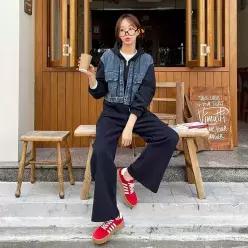 [핑크시슬리] SET/로에뜨 데님믹스 세미크롭 후드집업 와이드 팬츠세트