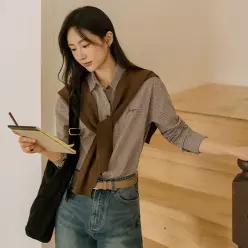 이븐 잔체크 크롭셔츠(어깨숄SET)