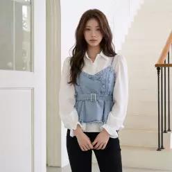 [피핀] 조이 데님 뷔스티에&셔링 블라우스 세트 #49648
