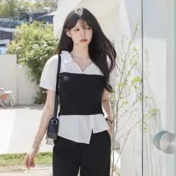 [하객룩/여리핏]배색 골지 오픈카라 퍼프 블라우스(반팔ver)