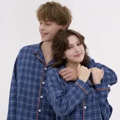 코튼라이크 블루먼 긴팔 커플 잠옷 세트