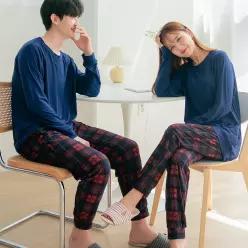 남성 여성 커플 피치기모 긴팔 상하의 체크잠옷세트 홈웨어 3종