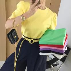 무지개 라운드 벌룬 퍼프 무지 반팔티셔츠 (7color)