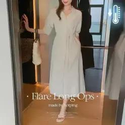 핫핑 [여름하객룩/반팔버전] 레비일리 오픈카라 퍼프 핀턱 플레어 롱원피스