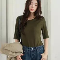 [시크폭스] 로디아 백라벨 5부 라운드넥 슬림 티셔츠_63TS3049