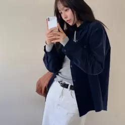 핫핑 [내추럴핏] 다비스 루즈핏 코튼 코듀로이 자수 긴팔셔츠