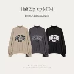 핫핑 [체형커버/힙캐주얼] 모라티 루즈핏 레터링 반집업 맨투맨