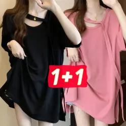 2P 여자 트임 반팔 티셔츠 여름 패션 언발티 펀칭티 루즈핏 롱티 빅사이즈 원피스