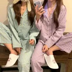 디어체크 긴팔 잠옷 상하 세트 여자 우정 파자마 홈웨어 실내복