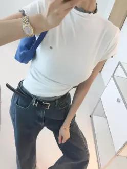 모달 미니 펜던트 프릴 반폴라 골지 텐션 세미크롭 반팔티셔츠 (5color)