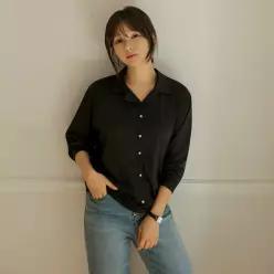 (FW 추천룩 엘리시아) 슬로우 진주 버튼 텐션 카라 티