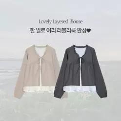 핫핑 [가을추천][청순여리] 데니츠_긴팔ver 링클 자수 팬던트 프릴 페플럼 일체형 블라우스 (44~100)