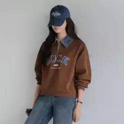 [핑크시슬리] 럭키 피치 반집업 데님카라 박스 맨투맨