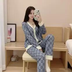 여성 잠옷 세트 홈웨어 파자마 실크 감성 모노그램 긴팔 세트
