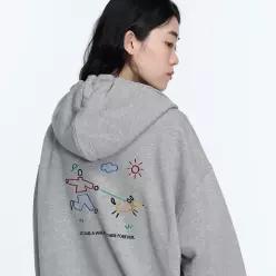 라인 워크 자수 후드집업 그레이
