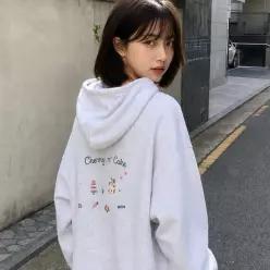 체리 케이크 자수 후드티 멜란지화이트