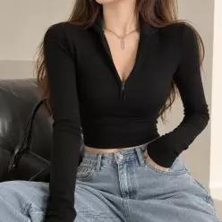 여성 하프집업 카라 골지 슬림핏 긴팔티
