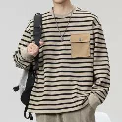 봄가을 남성 라운드 스트라이프 티셔츠 긴팔 맨투맨 주머니 상의 