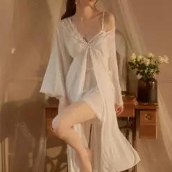 여성 시스루 레이스 롱 로브 가운