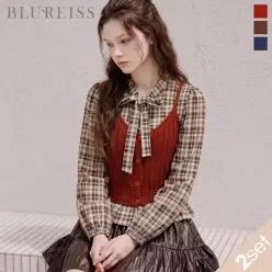 [블루레이스] [2SET]보우카라 체크 블라우스+조끼_B6F1BL5231