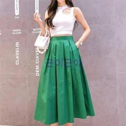  봄신제품] 진행시켜 고밀도 A라인 플레어 핀턱주름 뒷밴딩 롱스커트