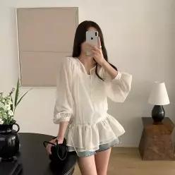 [코코블랑] 모아르 시어 셔링 블라우스