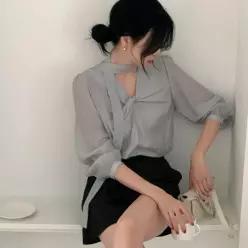 [코코블랑] [코코메이드]가드니아 꼬임 브이넥 블라우스(타이set)
