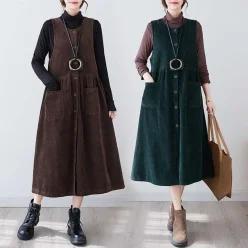 코듀로이멜빵원피스 그린 겨울 중년여성 임산부 루즈핏 노카라 점프수트 봄 가을 박시 빅사이즈 포켓 도톰