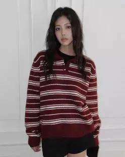[모어렌] [MADE] [5천장판매] 론베 스트라이프 카라넥 니트