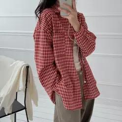 핫핑 [가을무드][만능코디/개강룩] 루피른 오버핏 핀턱 체크 긴팔셔츠 (44~110)