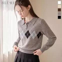 [블루레이스] 아가일 반오픈 카라 긴팔 니트_B6F1KT2181