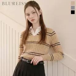 [블루레이스] 셔츠 배색 줄지 꽈배기 니트_B6F1KT2201