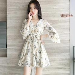 여자 꽃무늬 플레어 쉬폰 원피스 7부소매 브이넥 미니 원피스 티류으스
