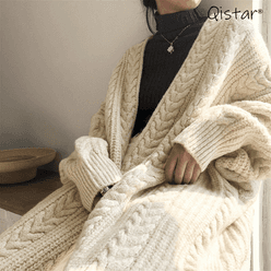 겨울 가을 여성 니트 오버핏 자켓 점퍼 핫팩 카디건 롱 Qistar