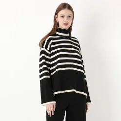 배색 스트라이프 터틀넥 풀오버 & 니트 와이드 팬츠 세트 (VFOCY1982)