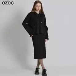 [오조크(OZOC)] 후드 니트 가디건 치마 세트 (택가격: 154000원)