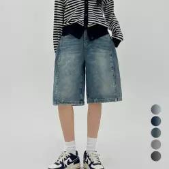 코모도 여성 청 반바지 5부 7부 사이드 절개 와이드 버뮤다 데님 팬츠 (2단기장) 4000