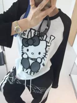 러버캣 레터링 프린팅 라운드 배색 레이스 소매 레이어드 루즈핏 나그랑 레글런 가을 긴팔티셔츠 (3color)