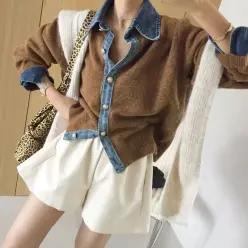 데님 레이어드 카라 루즈핏 니트가디건 (5color)