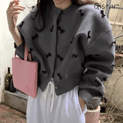 겨울 가을 여성 라운드넥 둥근카라 니트 리본 긴팔 자켓 점퍼 빅리본 입체 Qistar