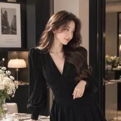 SIRU 샤랄라하우스 여성 블랙 미니원피스 브이넥 허리셔링 퍼프소매 데이트룩
