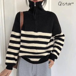 겨울 가을 여성 블레이저 니트 스트라이프 오버핏 긴팔 집업 Qistar