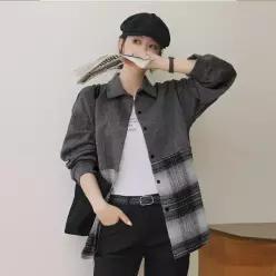 [핑크시슬리] 엠보 자가드 레터링 체크믹스 박스 셔츠